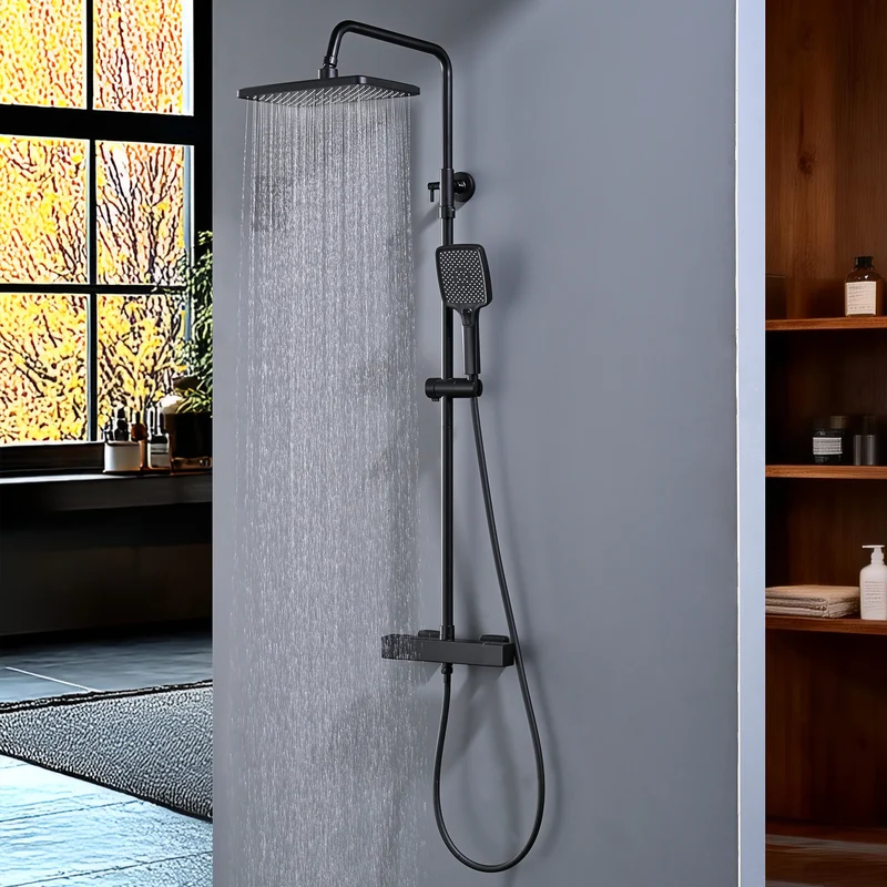 HOMELODY Duschsystem mit Thermostat Schwarz 30 cm Regendusche | 3 Strahlarten Handbrause, Duscharmatur Edelstahl Regendusche mit Armatur, Duscharmatur Komplettset, Duschset