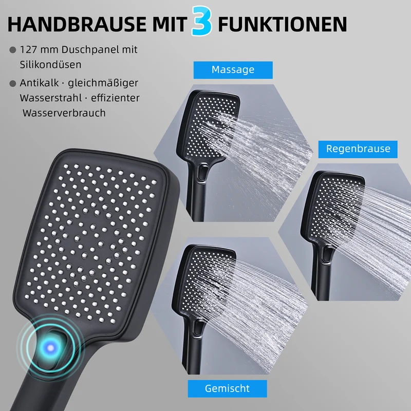 HOMELODY Duschsystem mit Thermostat Schwarz 30 cm Regendusche | 3 Strahlarten Handbrause, Duscharmatur Edelstahl Regendusche mit Armatur, Duscharmatur Komplettset, Duschset