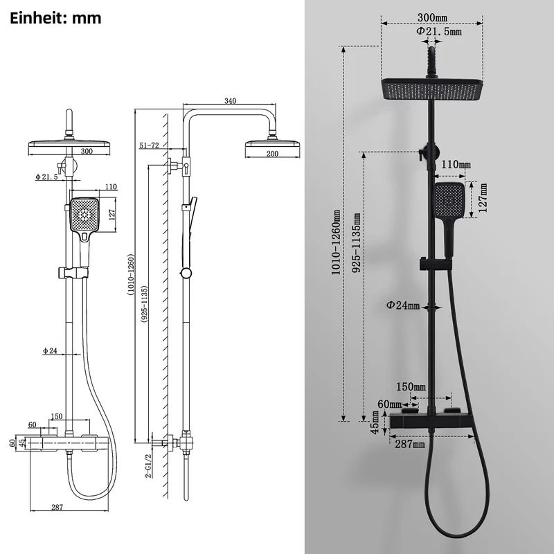 HOMELODY Duschsystem mit Thermostat Schwarz 30 cm Regendusche | 3 Strahlarten Handbrause, Duscharmatur Edelstahl Regendusche mit Armatur, Duscharmatur Komplettset, Duschset