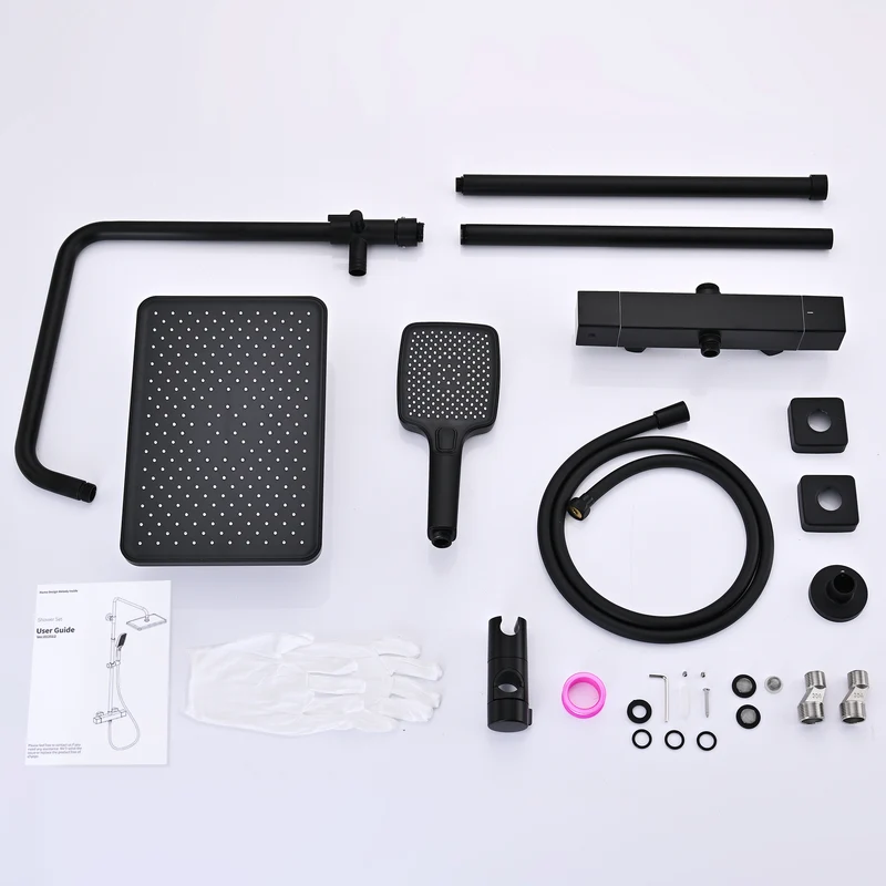 HOMELODY Duschsystem mit Thermostat Schwarz 30 cm Regendusche | 3 Strahlarten Handbrause, Duscharmatur Edelstahl Regendusche mit Armatur, Duscharmatur Komplettset, Duschset