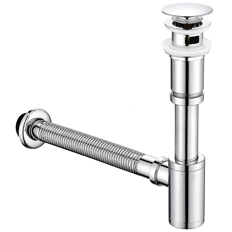 Homelody Ablaufgarnitur Design Siphon Waschbecken mit Ablaufgarnitur Edelstahl Chrom, Pop Up Ablauf mit Überlauf, flexiblem Wellrohr und Geruchsverschluss