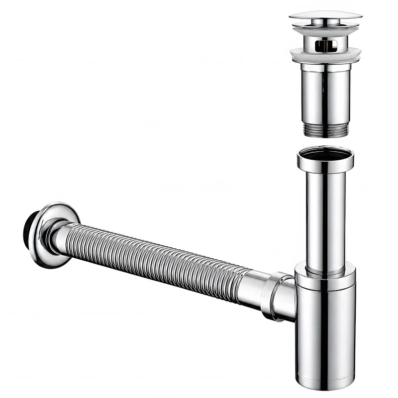 Homelody Ablaufgarnitur Design Siphon Waschbecken mit Ablaufgarnitur Edelstahl Chrom, Pop Up Ablauf mit Überlauf, flexiblem Wellrohr und Geruchsverschluss