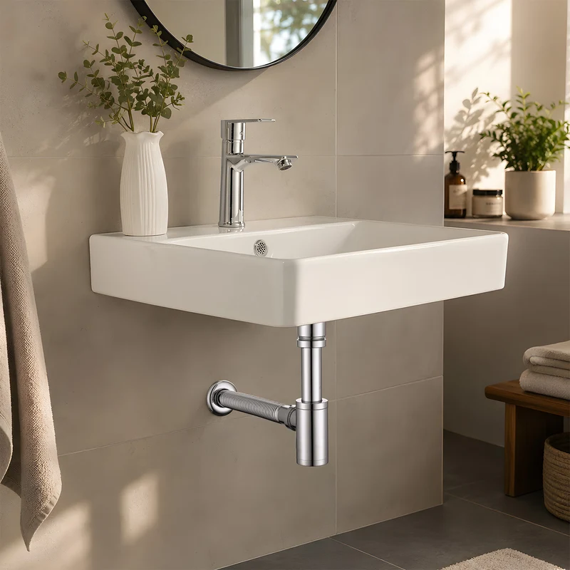 Homelody Ablaufgarnitur Design Siphon Waschbecken mit Ablaufgarnitur Edelstahl Chrom, Pop Up Ablauf mit Überlauf, flexiblem Wellrohr und Geruchsverschluss