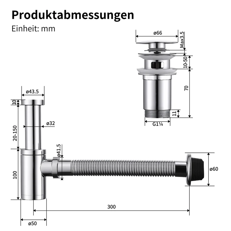 Homelody Ablaufgarnitur Design Siphon Waschbecken mit Ablaufgarnitur Edelstahl Chrom, Pop Up Ablauf mit Überlauf, flexiblem Wellrohr und Geruchsverschluss