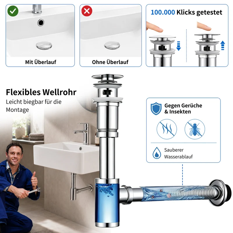 Homelody Ablaufgarnitur Design Siphon Waschbecken mit Ablaufgarnitur Edelstahl Chrom, Pop Up Ablauf mit Überlauf, flexiblem Wellrohr und Geruchsverschluss