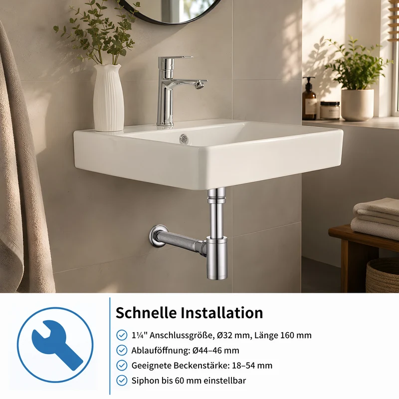 Homelody Ablaufgarnitur Design Siphon Waschbecken mit Ablaufgarnitur Edelstahl Chrom, Pop Up Ablauf mit Überlauf, flexiblem Wellrohr und Geruchsverschluss