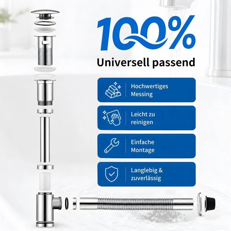 Homelody Ablaufgarnitur Design Siphon Waschbecken mit Ablaufgarnitur Edelstahl Chrom, Pop Up Ablauf mit Überlauf, flexiblem Wellrohr und Geruchsverschluss