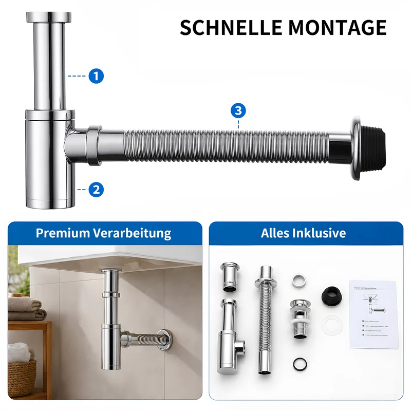 Homelody Ablaufgarnitur Design Siphon Waschbecken mit Ablaufgarnitur Edelstahl Chrom, Pop Up Ablauf mit Überlauf, flexiblem Wellrohr und Geruchsverschluss