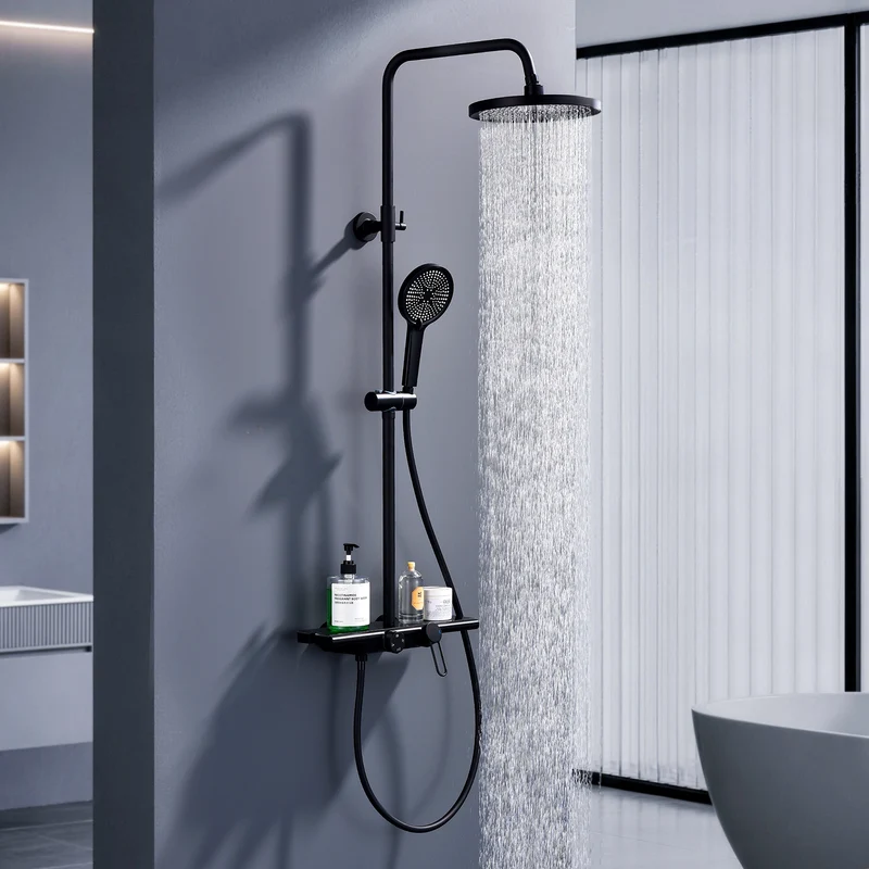 Homelody Duschsystem Schwarz Matt 250mm Regendusche Wasserfall Handbrause Ablage, Regendusche Duschset mit Ablage Handbrause 5 Funktionen
