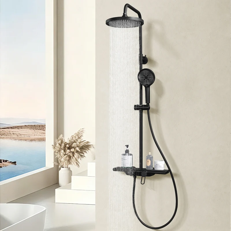 Homelody Duschsystem Schwarz Matt 250mm Regendusche Wasserfall Handbrause Ablage, Regendusche Duschset mit Ablage Handbrause 5 Funktionen