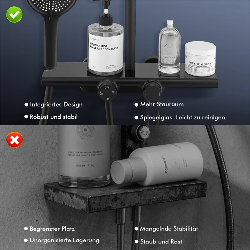 Homelody Duschsystem Schwarz Matt 250mm Regendusche Wasserfall Handbrause Ablage, Regendusche Duschset mit Ablage Handbrause 5 Funktionen