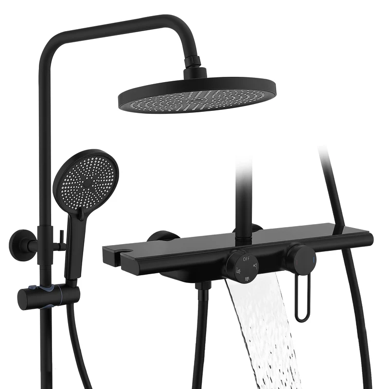 Homelody Duschsystem Schwarz Matt 250mm Regendusche Wasserfall Handbrause Ablage, Regendusche Duschset mit Ablage Handbrause 5 Funktionen