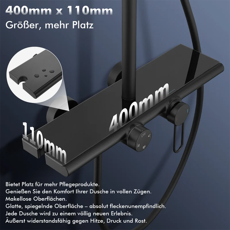 Homelody Duschsystem Schwarz Matt 250mm Regendusche Wasserfall Handbrause Ablage, Regendusche Duschset mit Ablage Handbrause 5 Funktionen