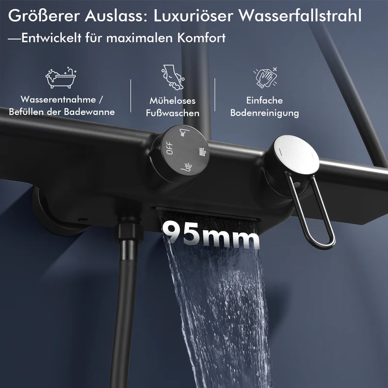 Homelody Duschsystem Schwarz Matt 250mm Regendusche Wasserfall Handbrause Ablage, Regendusche Duschset mit Ablage Handbrause 5 Funktionen