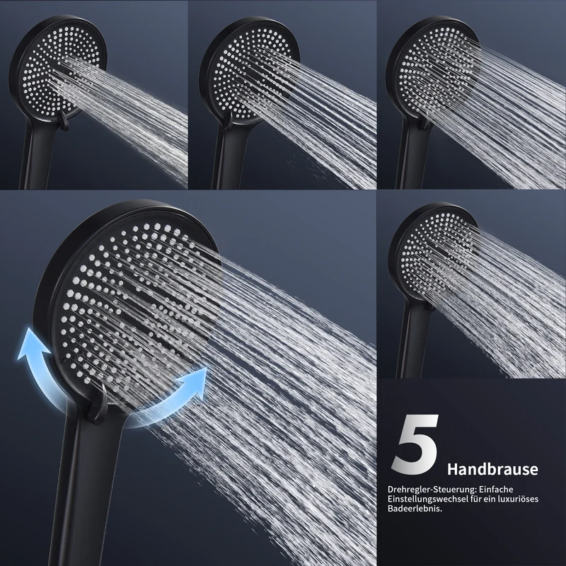 Homelody Duschsystem Schwarz Matt 250mm Regendusche Wasserfall Handbrause Ablage, Regendusche Duschset mit Ablage Handbrause 5 Funktionen