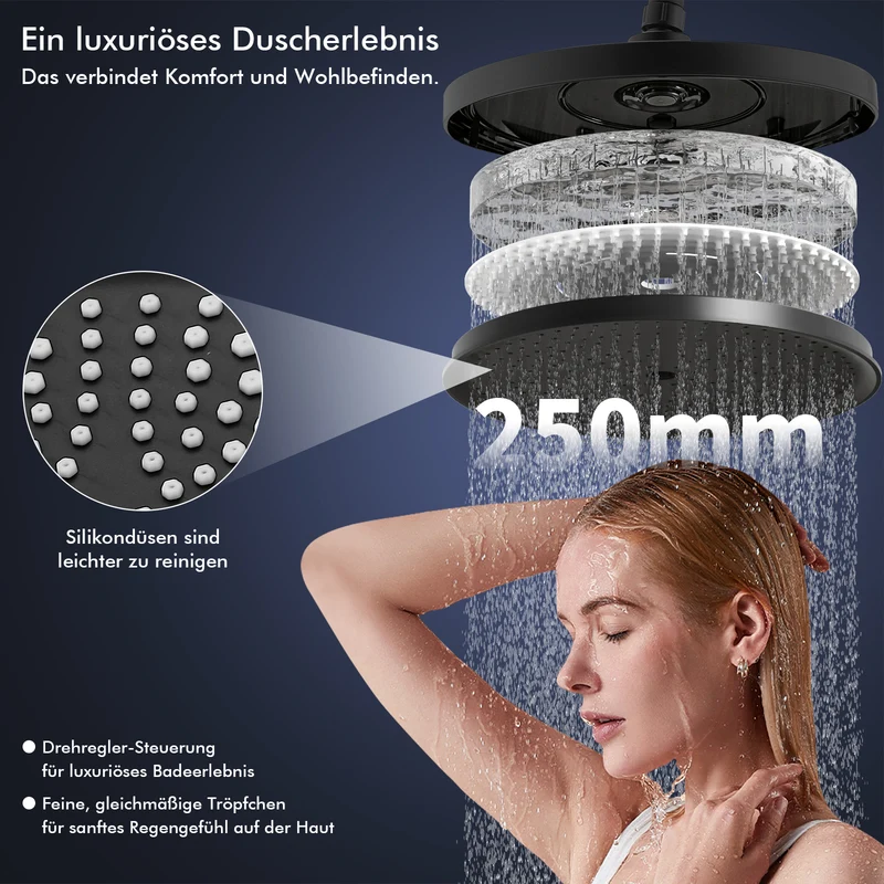 Homelody Duschsystem Schwarz Matt 250mm Regendusche Wasserfall Handbrause Ablage, Regendusche Duschset mit Ablage Handbrause 5 Funktionen