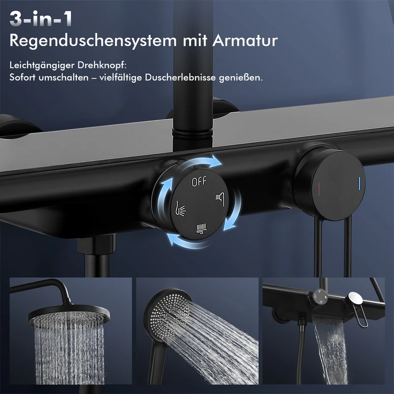 Homelody Duschsystem Schwarz Matt 250mm Regendusche Wasserfall Handbrause Ablage, Regendusche Duschset mit Ablage Handbrause 5 Funktionen