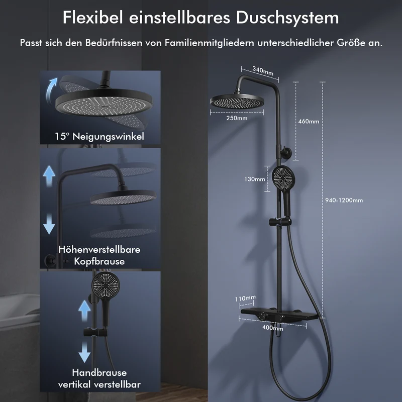 Homelody Duschsystem Schwarz Matt 250mm Regendusche Wasserfall Handbrause Ablage, Regendusche Duschset mit Ablage Handbrause 5 Funktionen