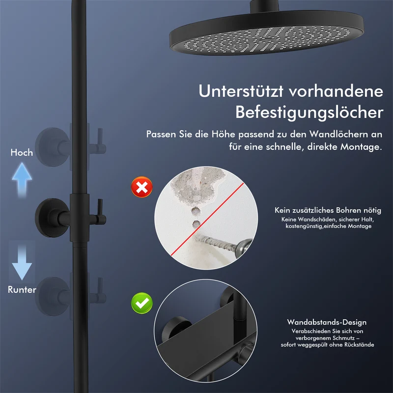 Homelody Duschsystem Schwarz Matt 250mm Regendusche Wasserfall Handbrause Ablage, Regendusche Duschset mit Ablage Handbrause 5 Funktionen