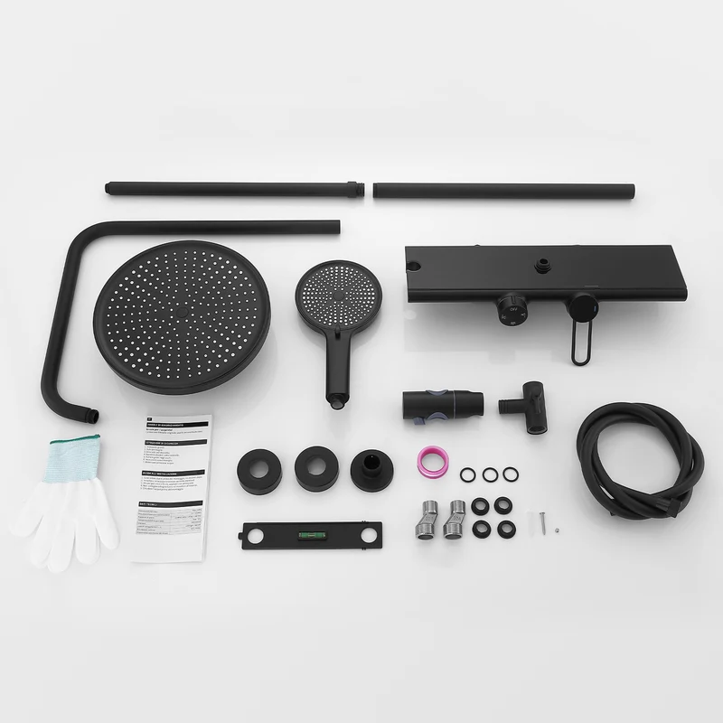 Homelody Duschsystem Schwarz Matt 250mm Regendusche Wasserfall Handbrause Ablage, Regendusche Duschset mit Ablage Handbrause 5 Funktionen