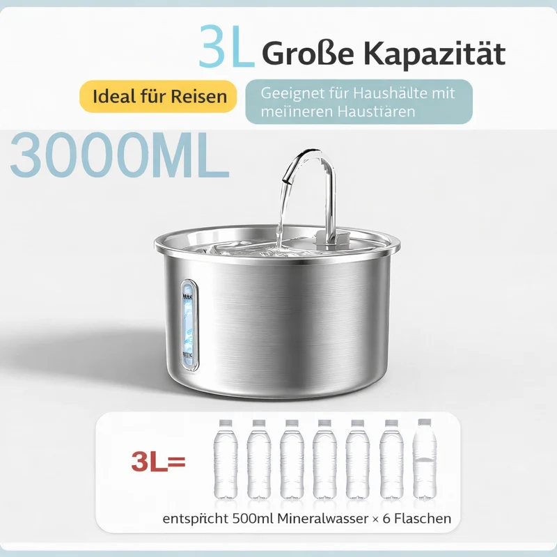 Homelody Trinkbrunnen Katzenbrunnen Edelstahl 3L, Trinkbrunnen für Katzen mit Filter