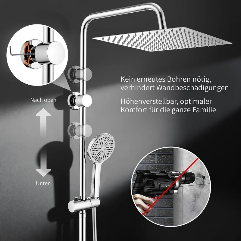 Homelody Duschsystem mit 30 cm Regendusche, SUS304 Edelstahl, Kopfbrause, 5 Strahlarten Handbrause, höhenverstellbar, ohne Neubohren,Chrom