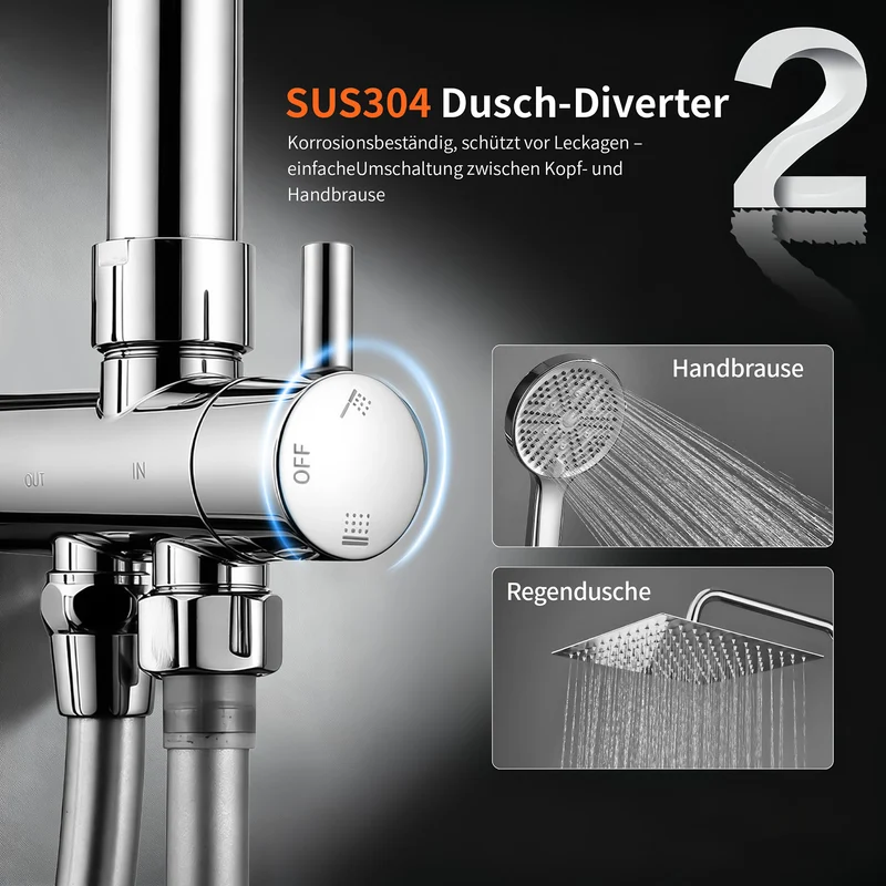 Homelody Duschsystem mit 30 cm Regendusche, SUS304 Edelstahl, Kopfbrause, 5 Strahlarten Handbrause, höhenverstellbar, ohne Neubohren,Chrom