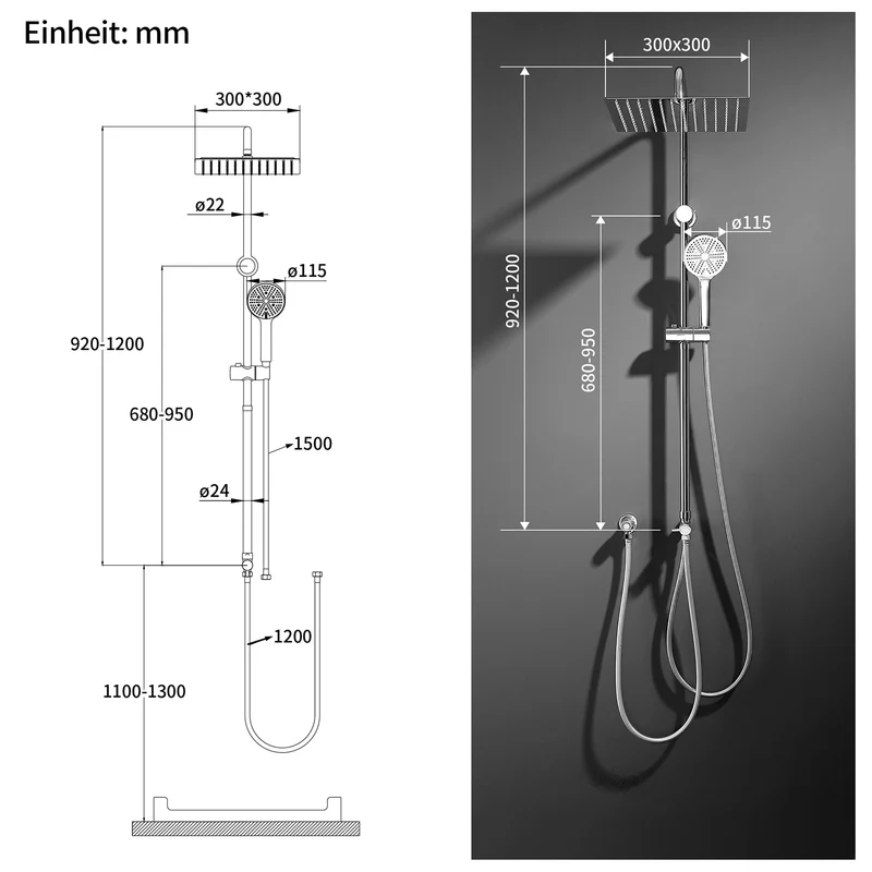 Homelody Duschsystem mit 30 cm Regendusche, SUS304 Edelstahl, Kopfbrause, 5 Strahlarten Handbrause, höhenverstellbar, ohne Neubohren,Chrom