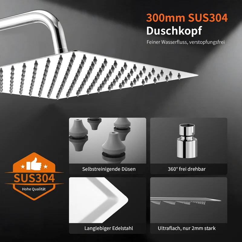 Homelody Duschsystem mit 30 cm Regendusche, SUS304 Edelstahl, Kopfbrause, 5 Strahlarten Handbrause, höhenverstellbar, ohne Neubohren,Chrom