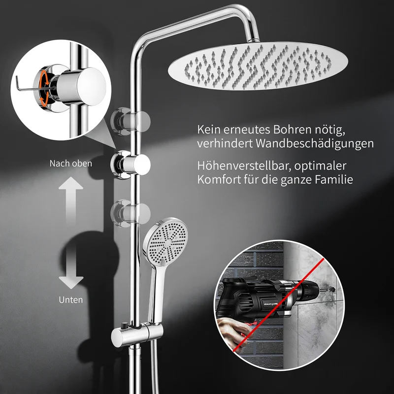 Homelody Duschsystem Regendusche 30 cm mit Ablage Handbrause 5 Funktionen Chrom, Duschset Edelstahl Umsteller höhenverstellbar PVC Schlauch ohne Bohren