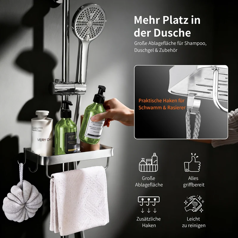 Homelody Duschsystem Regendusche 30 cm mit Ablage Handbrause 5 Funktionen Chrom, Duschset Edelstahl Umsteller höhenverstellbar PVC Schlauch ohne Bohren