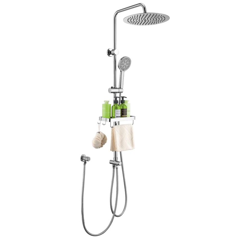 Homelody Duschsystem Regendusche 30 cm mit Ablage Handbrause 5 Funktionen Chrom, Duschset Edelstahl Umsteller höhenverstellbar PVC Schlauch ohne Bohren