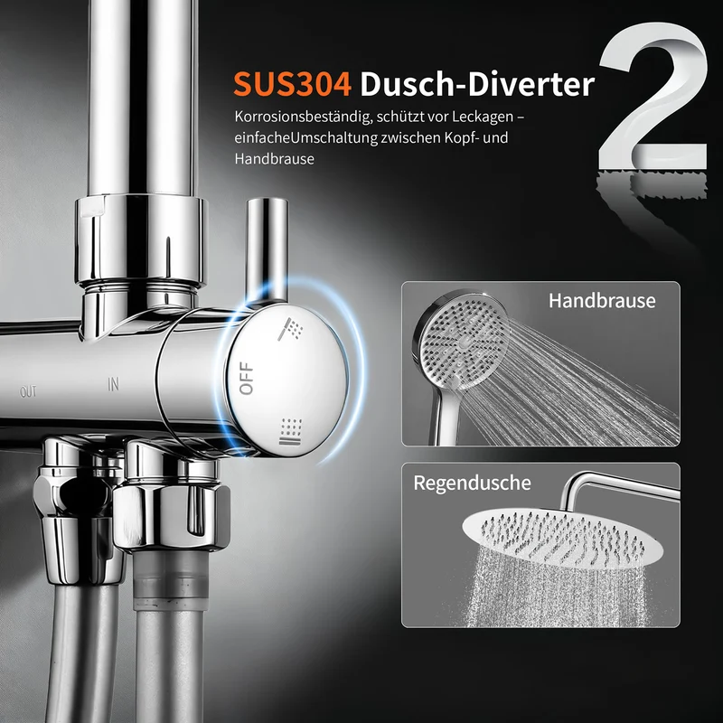 Homelody Duschsystem Regendusche 30 cm mit Ablage Handbrause 5 Funktionen Chrom, Duschset Edelstahl Umsteller höhenverstellbar PVC Schlauch ohne Bohren