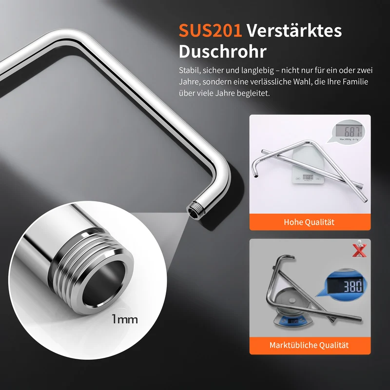 Homelody Duschsystem Regendusche 30 cm mit Ablage Handbrause 5 Funktionen Chrom, Duschset Edelstahl Umsteller höhenverstellbar PVC Schlauch ohne Bohren