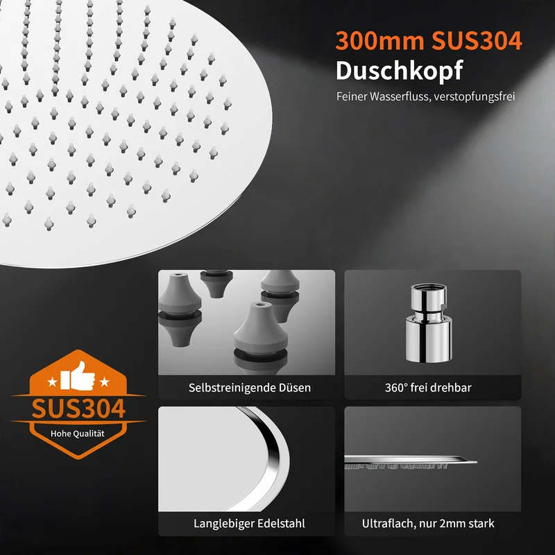 Homelody Duschsystem Regendusche 30 cm mit Ablage Handbrause 5 Funktionen Chrom, Duschset Edelstahl Umsteller höhenverstellbar PVC Schlauch ohne Bohren