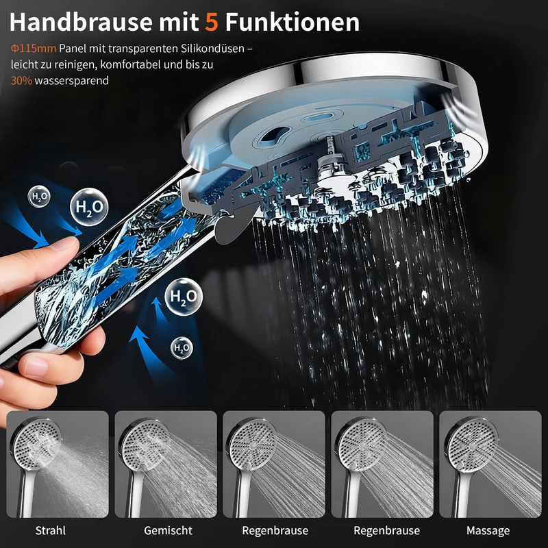 Homelody Duschsystem Regendusche 30 cm mit Ablage Handbrause 5 Funktionen Chrom, Duschset Edelstahl Umsteller höhenverstellbar PVC Schlauch ohne Bohren