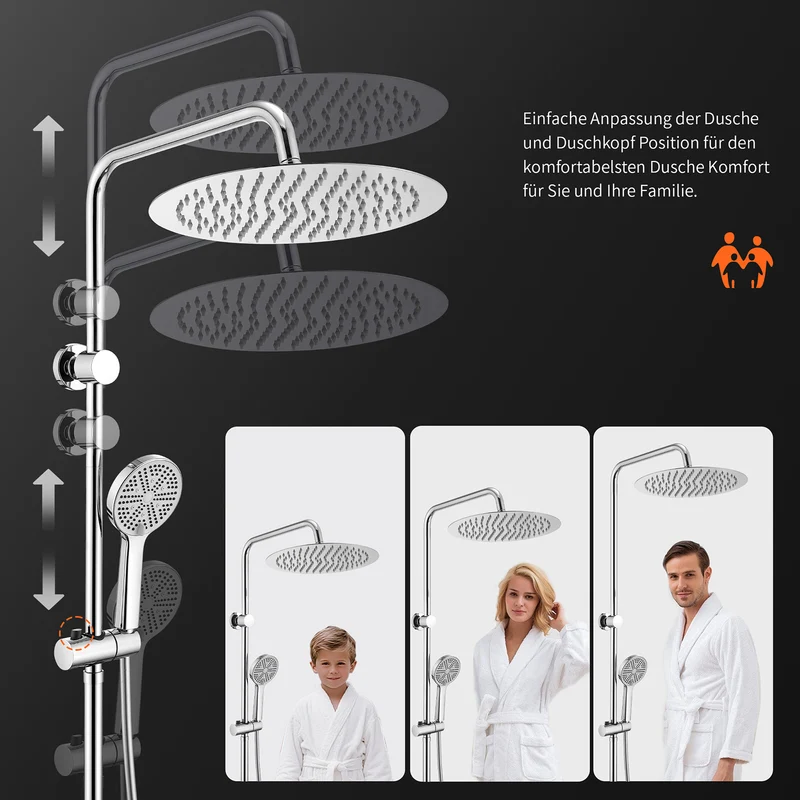 Homelody Duschsystem Regendusche 30 cm mit Ablage Handbrause 5 Funktionen Chrom, Duschset Edelstahl Umsteller höhenverstellbar PVC Schlauch ohne Bohren