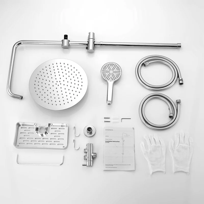 Homelody Duschsystem Regendusche 30 cm mit Ablage Handbrause 5 Funktionen Chrom, Duschset Edelstahl Umsteller höhenverstellbar PVC Schlauch ohne Bohren