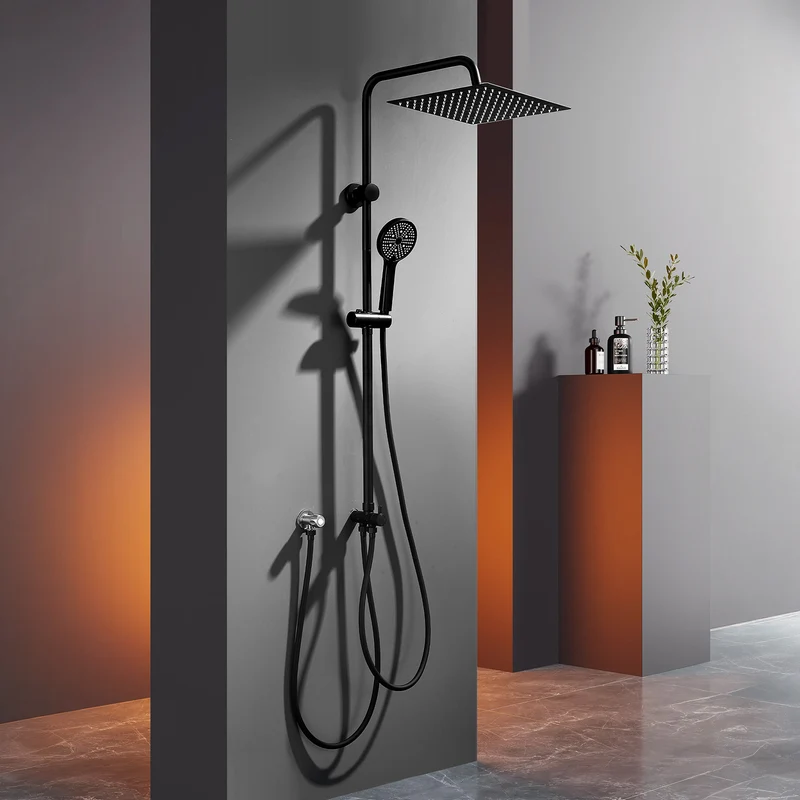 Homelody Duschsystem mit 30 cm Regendusche, SUS304 Edelstahl, Kopfbrause, 5 Strahlarten Handbrause, höhenverstellbar, ohne Neubohren,Schwarz