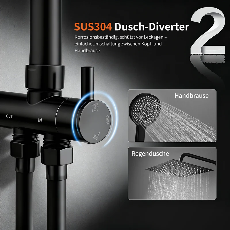 Homelody Duschsystem mit 30 cm Regendusche, SUS304 Edelstahl, Kopfbrause, 5 Strahlarten Handbrause, höhenverstellbar, ohne Neubohren,Schwarz