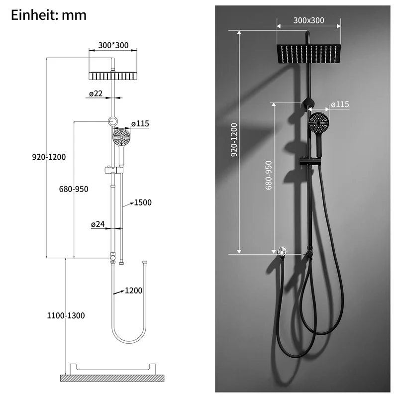 Homelody Duschsystem mit 30 cm Regendusche, SUS304 Edelstahl, Kopfbrause, 5 Strahlarten Handbrause, höhenverstellbar, ohne Neubohren,Schwarz
