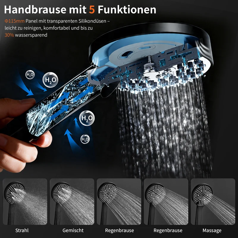 Homelody Duschsystem mit 30 cm Regendusche, SUS304 Edelstahl, Kopfbrause, 5 Strahlarten Handbrause, höhenverstellbar, ohne Neubohren,Schwarz