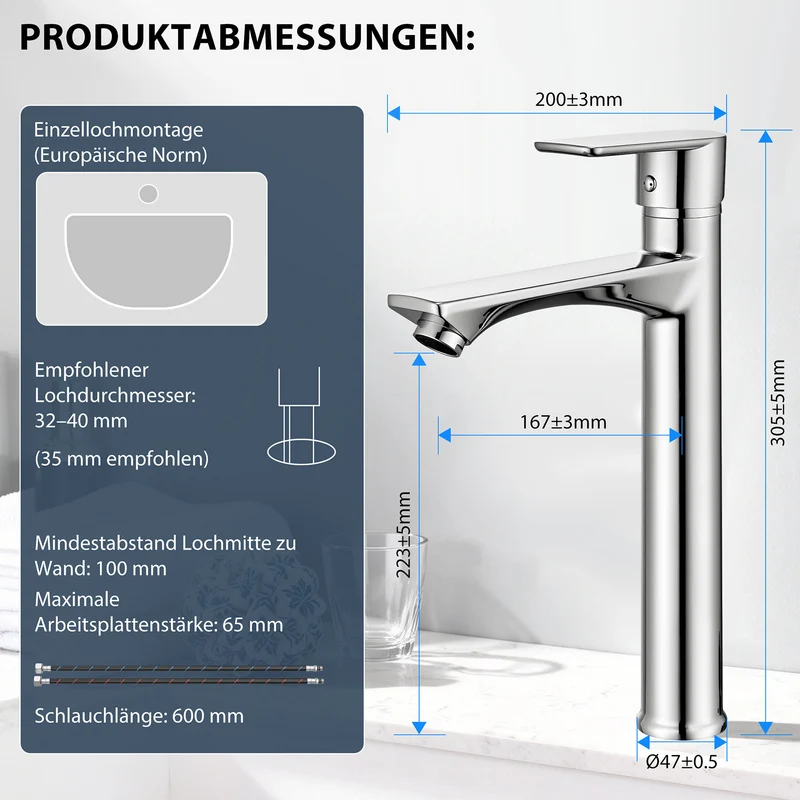 Homelody Waschtischarmatur Einhebelmischer Bad Wasserhahn Mischbatterie Armatur Waschbecken, Keramikkartusche, Perlator, 3/8 Anschluss, Chrom