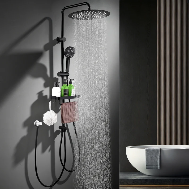 Homelody Duschsystem Regendusche 30 cm mit Ablage Handbrause 5 Funktionen, Duschset Edelstahl Umsteller höhenverstellbar PVC Schlauch ohne Bohren