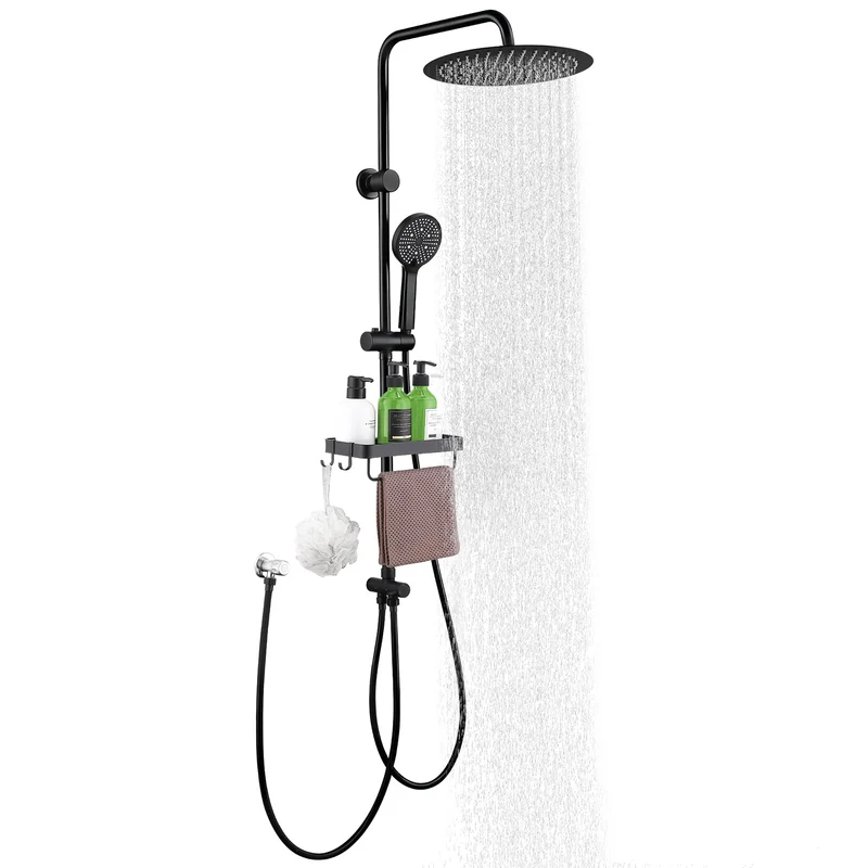 Homelody Duschsystem Regendusche 30 cm mit Ablage Handbrause 5 Funktionen, Duschset Edelstahl Umsteller höhenverstellbar PVC Schlauch ohne Bohren