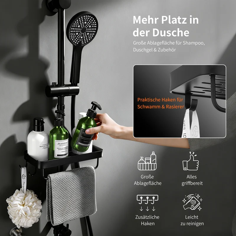 Homelody Duschsystem Regendusche 30 cm mit Ablage Handbrause 5 Funktionen, Duschset Edelstahl Umsteller höhenverstellbar PVC Schlauch ohne Bohren