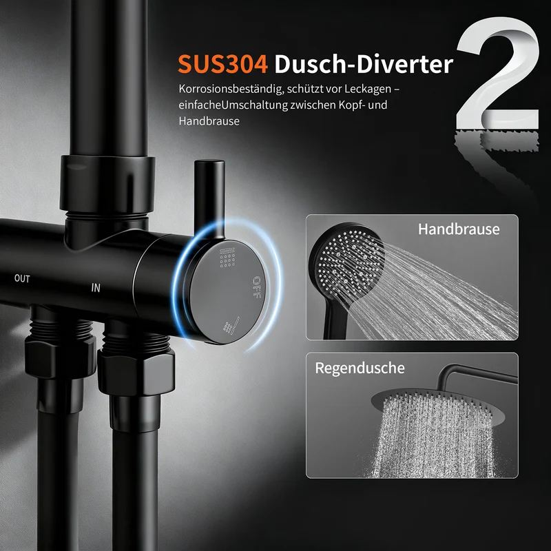 Homelody Duschsystem Regendusche 30 cm mit Ablage Handbrause 5 Funktionen, Duschset Edelstahl Umsteller höhenverstellbar PVC Schlauch ohne Bohren