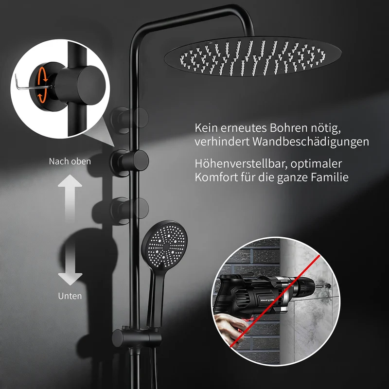 Homelody Duschsystem Regendusche 30 cm mit Ablage Handbrause 5 Funktionen, Duschset Edelstahl Umsteller höhenverstellbar PVC Schlauch ohne Bohren