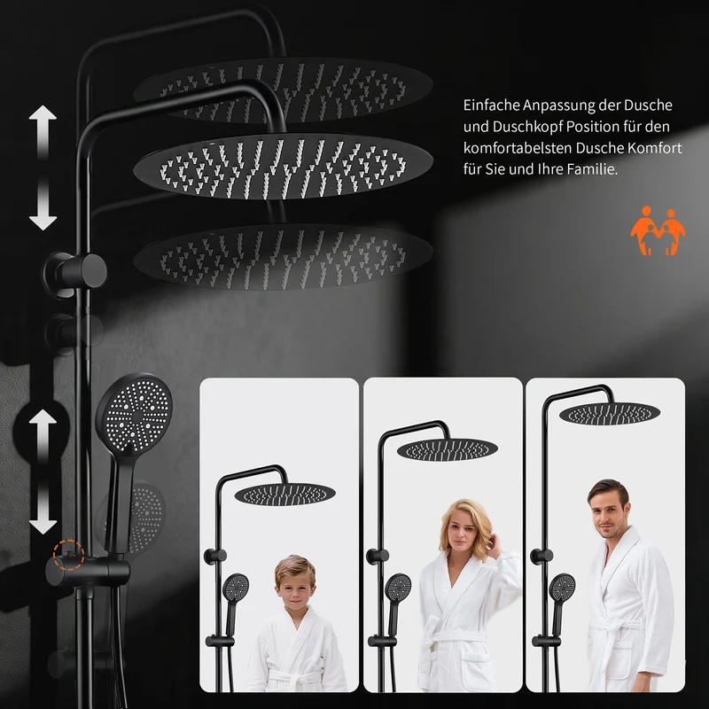 Homelody Duschsystem Regendusche 30 cm mit Ablage Handbrause 5 Funktionen, Duschset Edelstahl Umsteller höhenverstellbar PVC Schlauch ohne Bohren