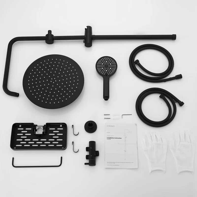 Homelody Duschsystem Regendusche 30 cm mit Ablage Handbrause 5 Funktionen, Duschset Edelstahl Umsteller höhenverstellbar PVC Schlauch ohne Bohren